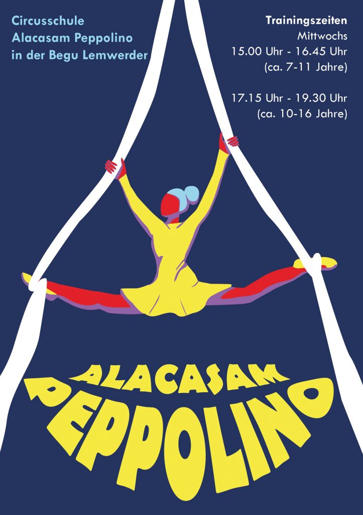 A blue poster with a vector drawing of an aerialist and text that advertises the circus Alacasam Peppolino